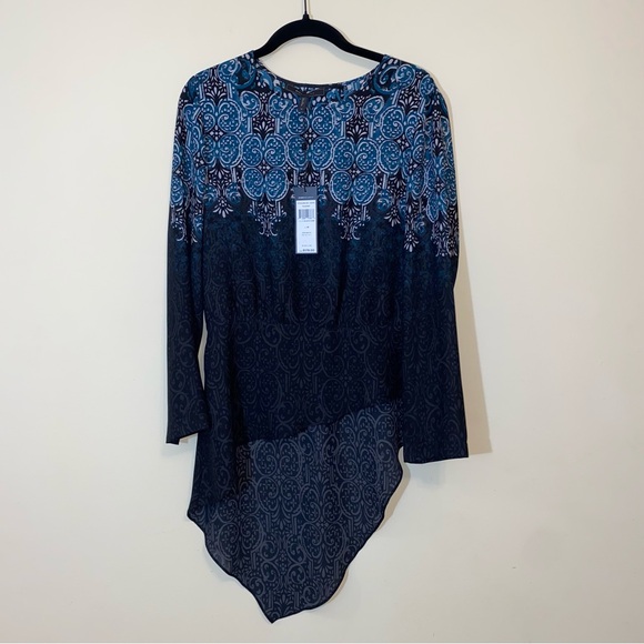 BCBG Maxazria Eugenie High Low Hem Scroll Print Georgette Blouse Size Medium - Picture 2 of 8